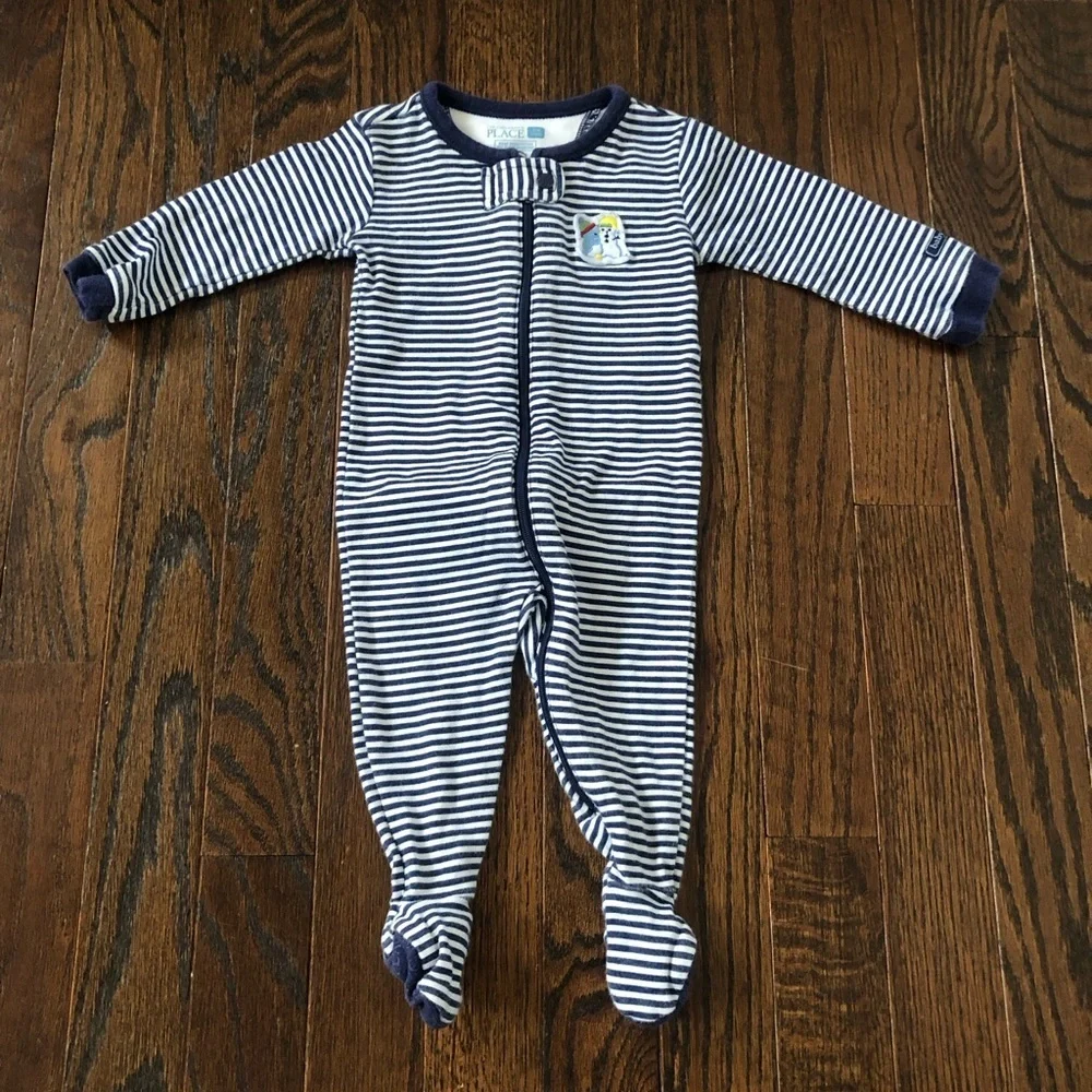The Children’s Place Boys 3-6M Navy Blue/White Striped Footed One Piece
